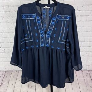 Adiva Semi Sheer Navy Embroidered V-Neck Blouse Size Large